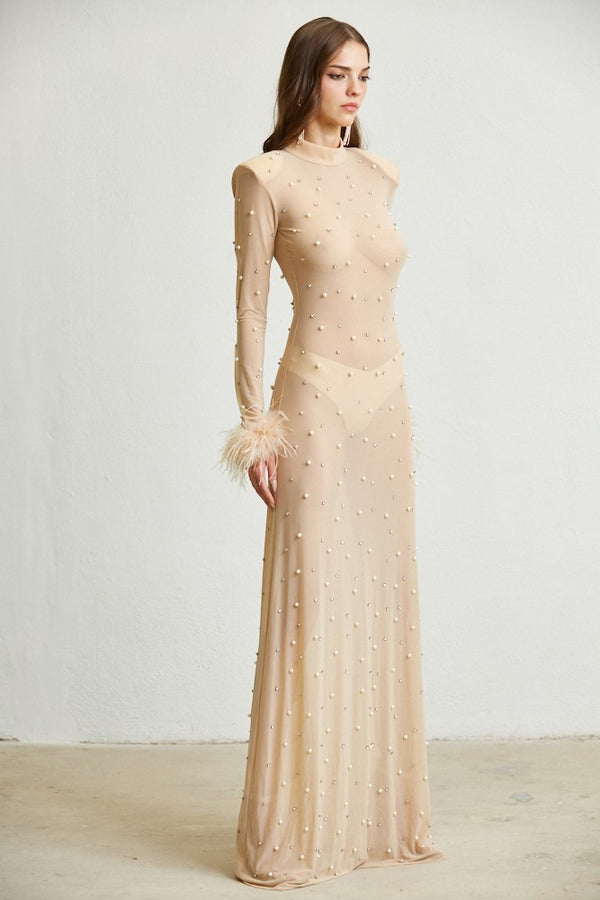 PEARL RHINESTONE SHEER MAXI DRESS