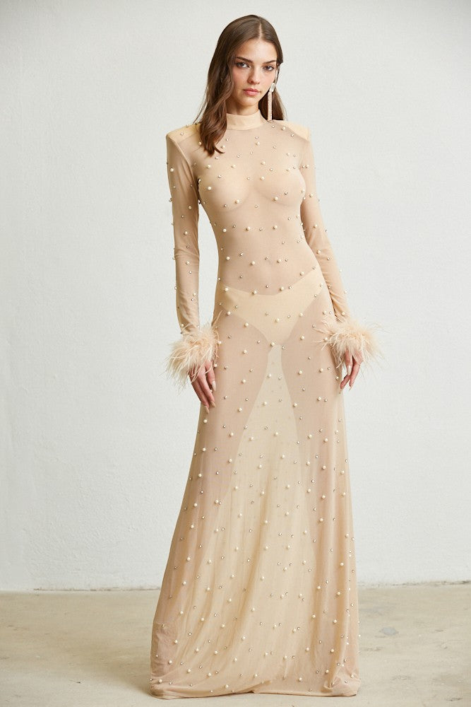 PEARL RHINESTONE SHEER MAXI DRESS