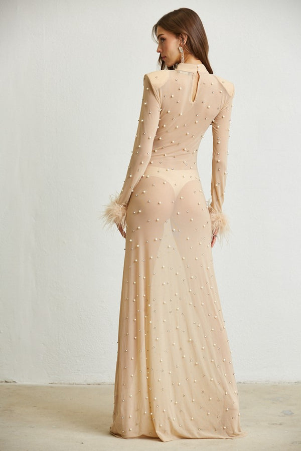 PEARL RHINESTONE SHEER MAXI DRESS