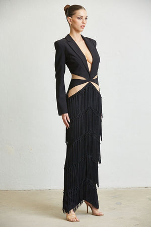 MULTI-TIERED TASSEL BLAZER MAXI DRESS