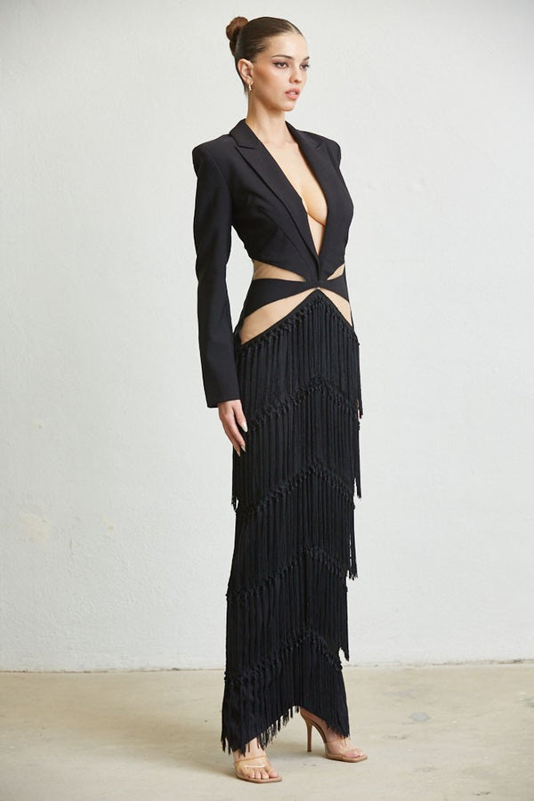 MULTI-TIERED TASSEL BLAZER MAXI DRESS