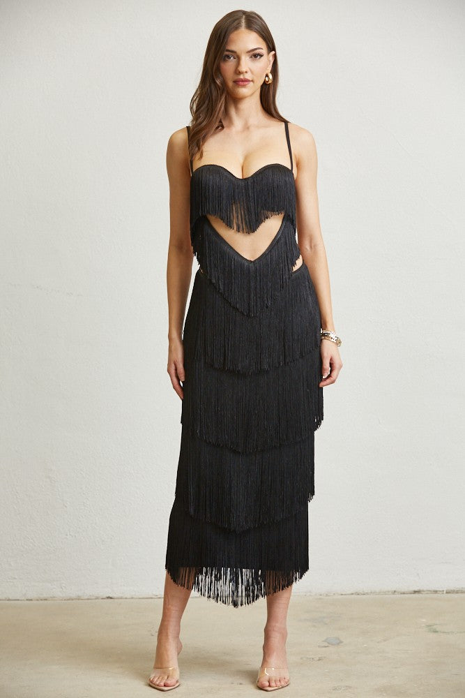 HEART CUTOUT FRINGED MIDI DRESS